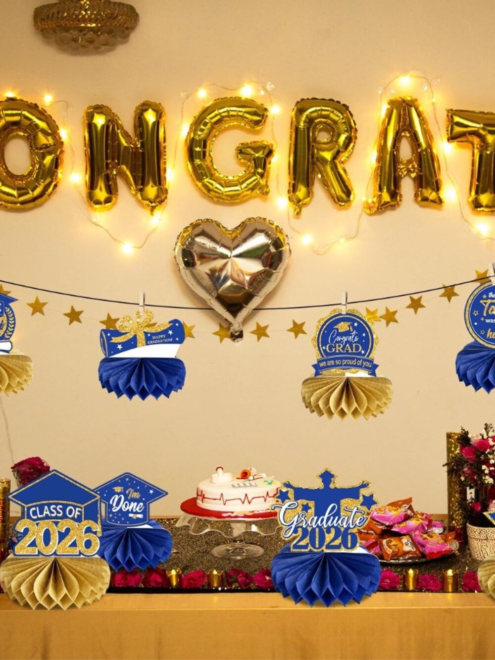 Graduation Decorations Class of 2026 Blue Congrats Grad Honeycomb Centerpieces C - Picture 2 of 6